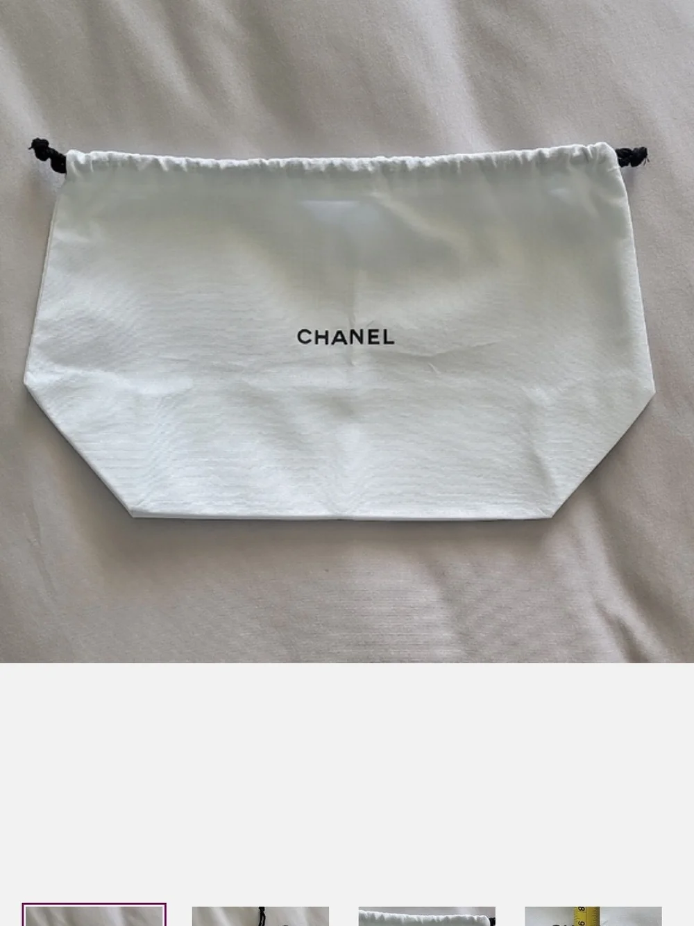CHANEL White Drawstring Cosmetic Pouch with Black Cord